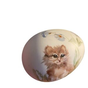 Vtg Hand Painted Ceramic Bisque Egg With kitten Floral Design signed/dated 89’